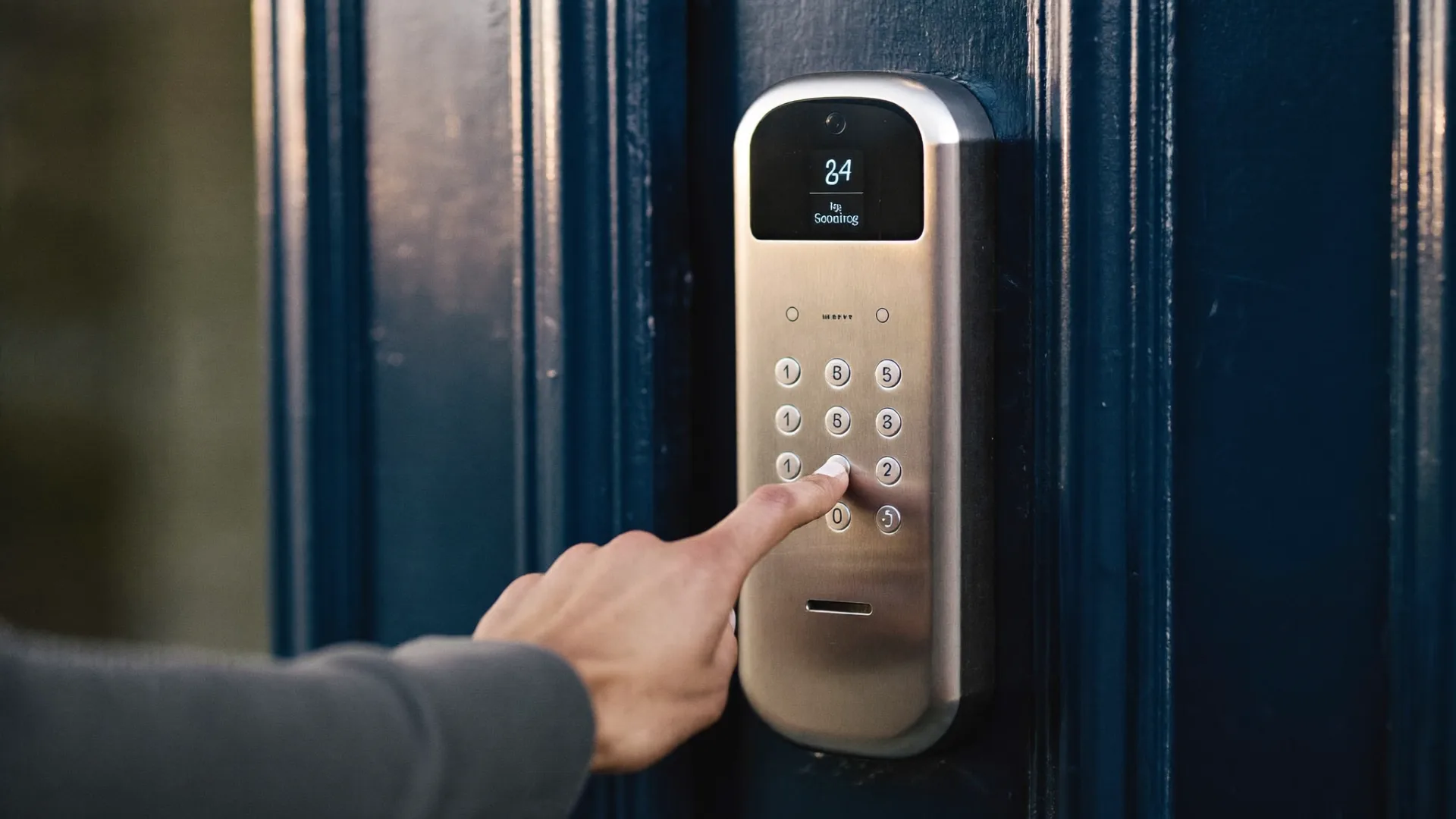 Hand entering a code on a smart lock keypad on a navy front door — Trade Nest Stays self check-in